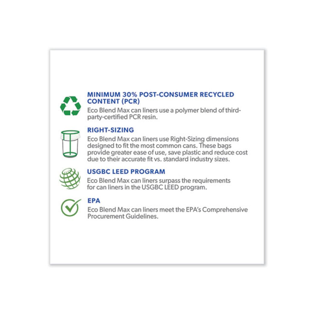 Eco Blend Max Can Liners, 45 gal, 0.8 mil, 40" x 46", Clear, 25 Bags/Roll, 6 Rolls/Carton. Picture 3