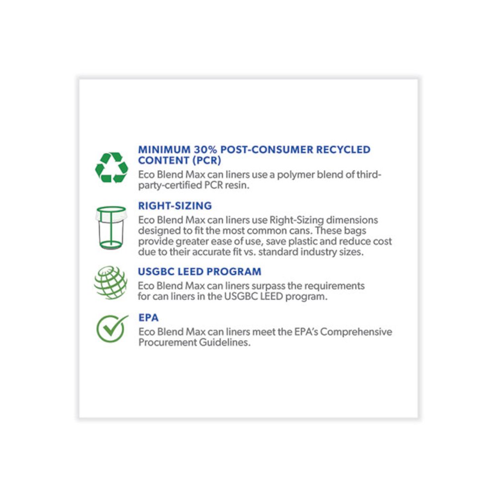 Eco Blend Max Can Liners, 33 gal, 0.8 mil, 33" x 39", Black, 25 Bags/Roll, 8 Rolls/Carton. Picture 5