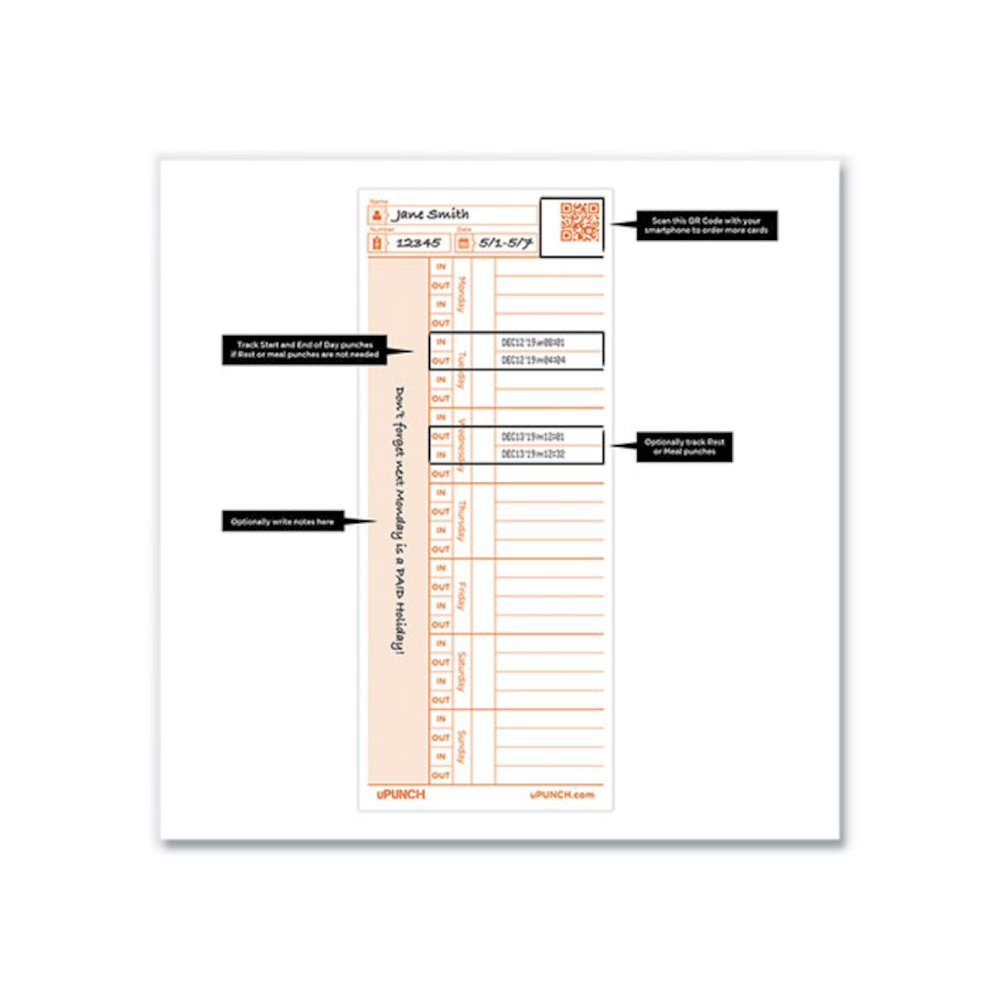 Time Clock Cards for PK1100 Time Clock, Two Sides, 3.38 x 8.25, 100/Pack. Picture 3