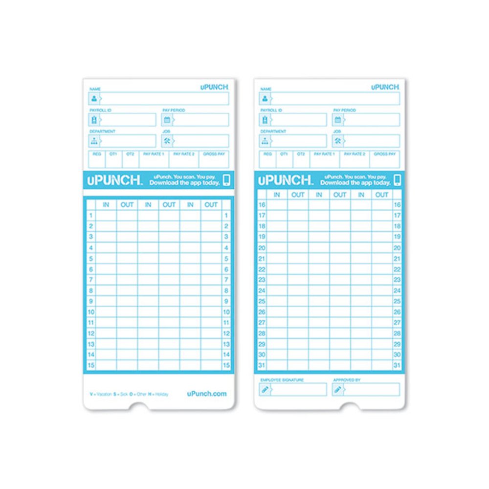 Pay-to-Punch Time Card for SB1200 Time Clock, Two Sides, 3.38 x 7.38, 100/Pack. Picture 2