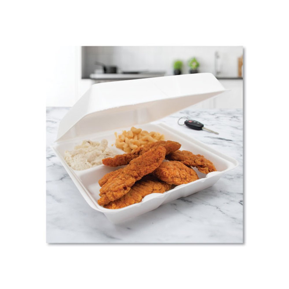 Foam Hinged Lid Containers, 3 Compartments, 9.25 x 9.5 x 3, White, 100/Sleeve, 2 Sleeves/Carton. Picture 6
