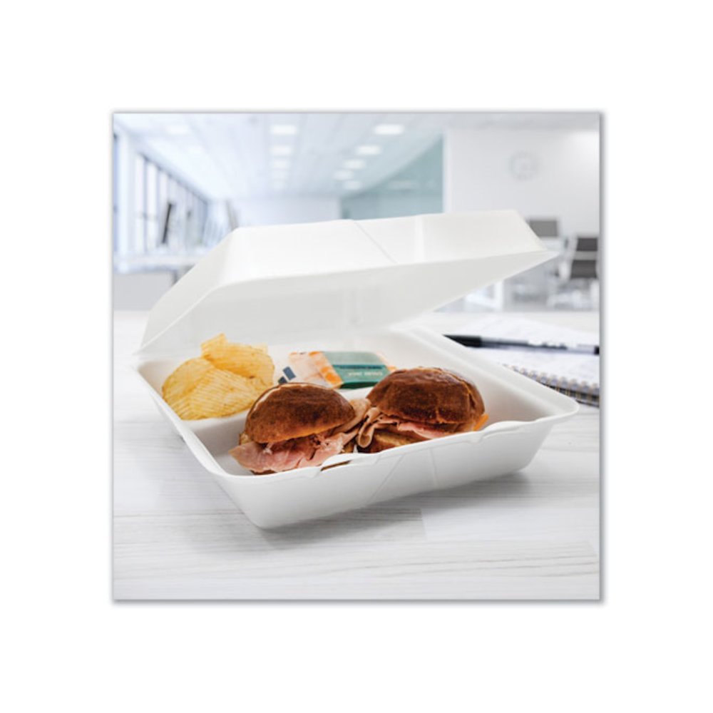Foam Hinged Lid Containers, 3 Compartments, 9.25 x 9.5 x 3, White, 100/Sleeve, 2 Sleeves/Carton. Picture 7