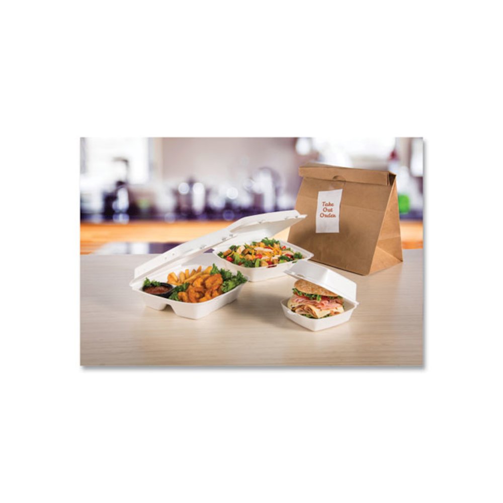 Foam Hinged Lid Containers, 3 Compartments, 9.25 x 9.5 x 3, White, 100/Sleeve, 2 Sleeves/Carton. Picture 8