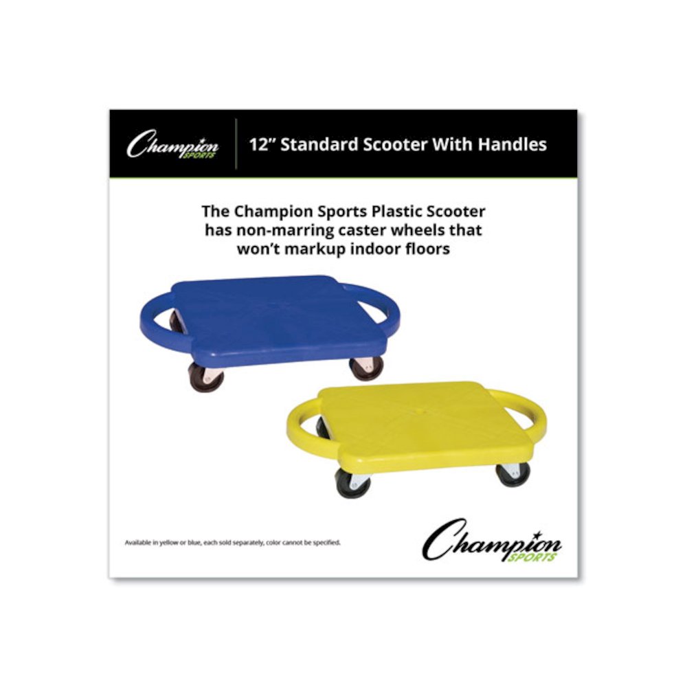 Scooter with Handles, Blue/Yellow, 4 Rubber Swivel Casters, Plastic, 12 x 12. Picture 4