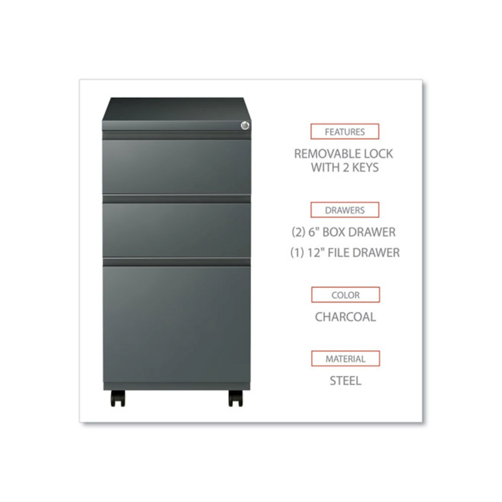 File Pedestal with Full-Length Pull, Left or Right, 3-Drawers: Box/Box/File, Legal/Letter, Charcoal, 14.96" x 19.29" x 27.75". Picture 3