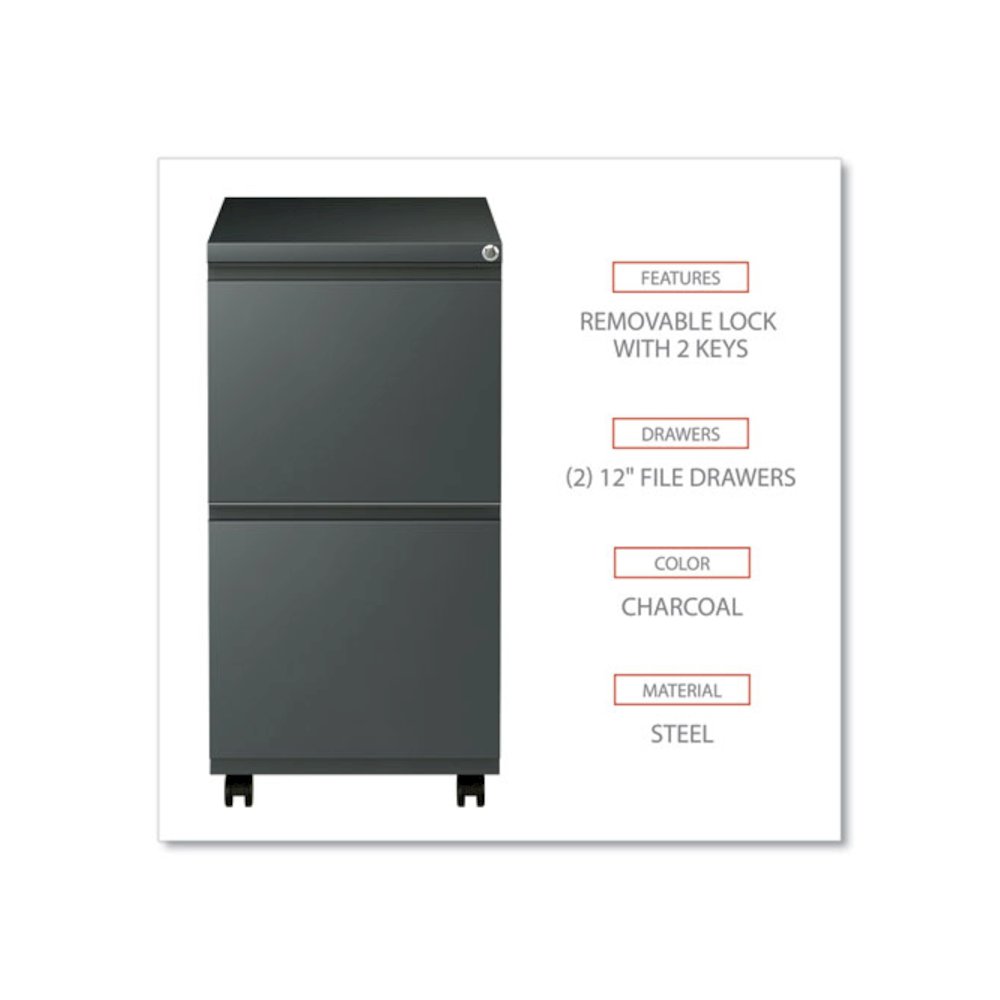 File Pedestal with Full-Length Pull, Left or Right, 2 Legal/Letter-Size File Drawers, Charcoal, 14.96" x 19.29" x 27.75". Picture 3