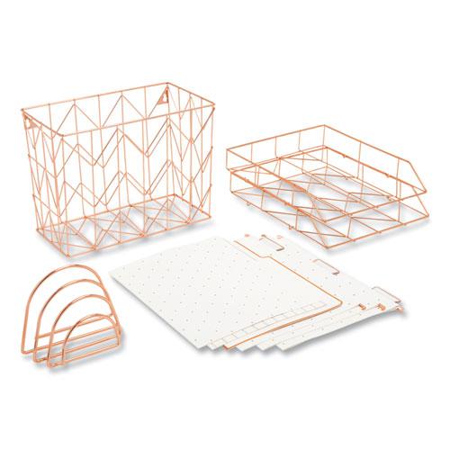 Letter-Size Desktop Fashion Filing Set, Rose Gold, (1) Rack, (3) Hanging Folders, (3) File Folders, (2) Trays,(1) Mail Sorter. Picture 1