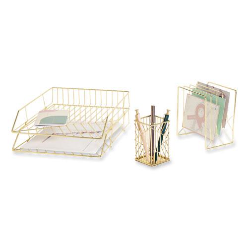 Vena Desktop Organization Kit, 8 Compartments, Letter Sorter, Paper Tray, Pencil Cup, Gold, Metal. Picture 5