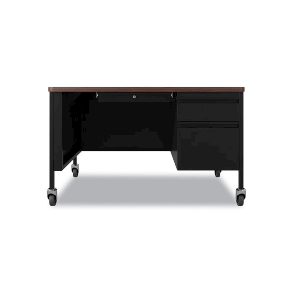 Mobile Teachers Pedestal Desks, Right-Hand Pedestal: Box/File Drawers, 48" x 30" x 29.5", Walnut/Black. Picture 1