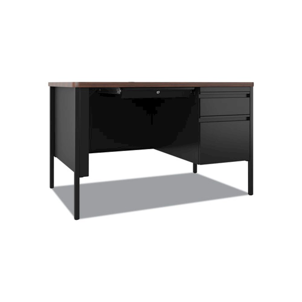 Teachers Pedestal Desks, One Right-Hand Pedestal: Box/File Drawers, 48" x 30" x 29.5", Walnut/Black. Picture 1