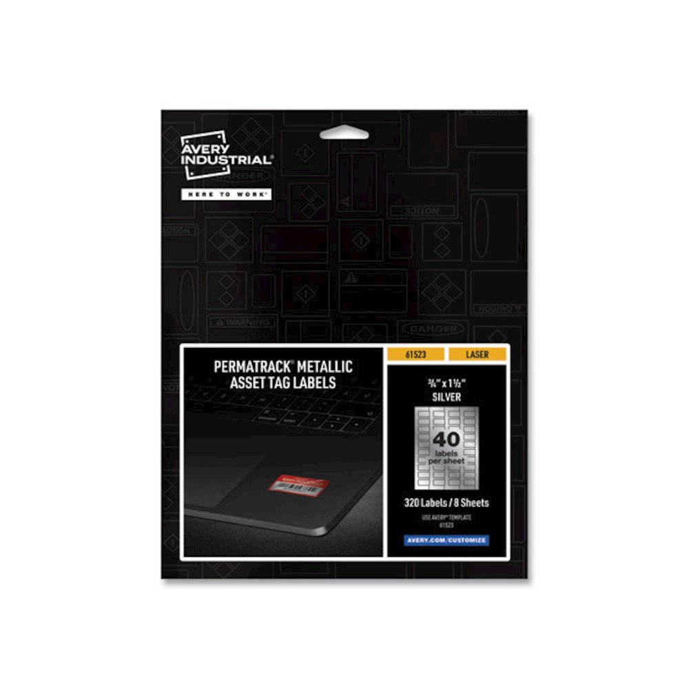 PermaTrack Metallic Asset Tag Labels, Laser Printers, 0.75 x 1.5, Metallic Silver, 40/Sheet, 8 Sheets/Pack. Picture 1