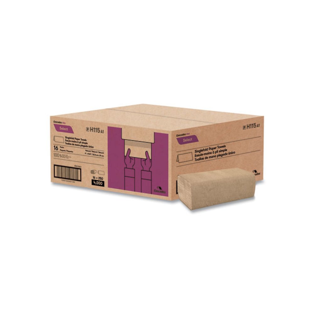 Select Folded Paper Towels, Single-Fold, 1-Ply, 9 x 9.45, Natural Brown, 250/Pack, 16 Packs/Carton. Picture 1