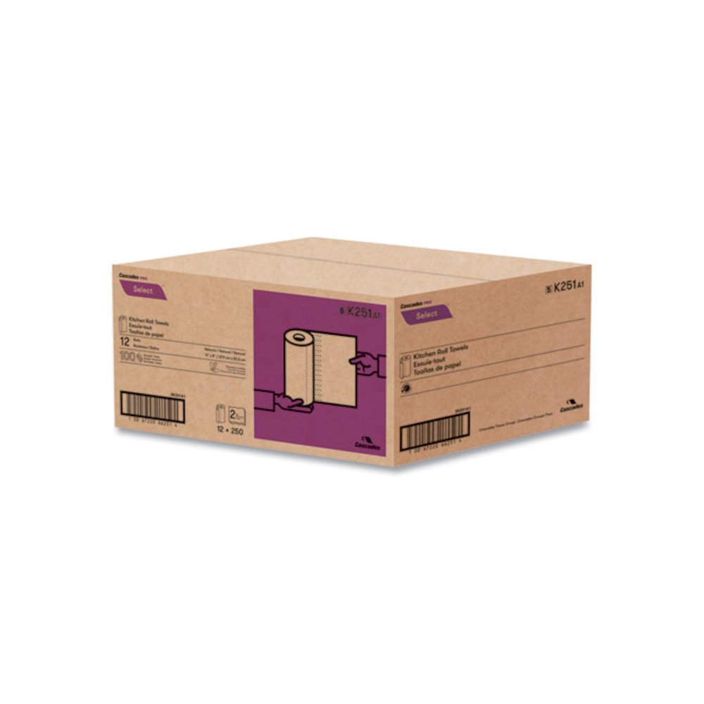 Select Kitchen Roll Towels, 2-Ply, 11" x 166.6 ft, Natural, 250/Roll, 12/Carton. Picture 2