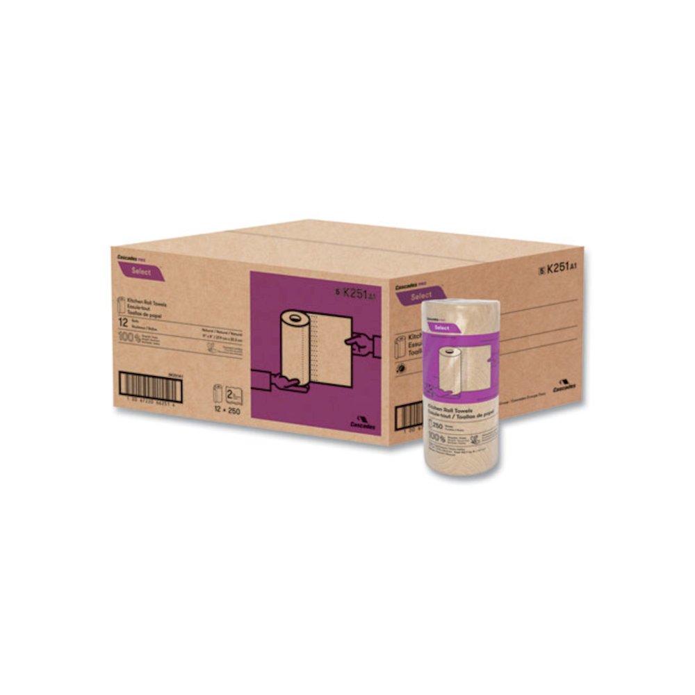 Select Kitchen Roll Towels, 2-Ply, 11" x 166.6 ft, Natural, 250/Roll, 12/Carton. Picture 1
