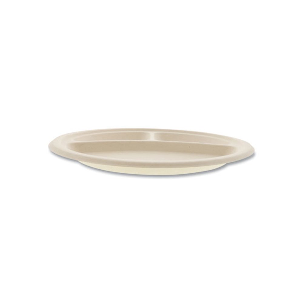 Molded Fiber PFAS-Free Dinnerware, 3-Compartment Plate, Sugarcane, 10" dia, Tan, 500/Carton. Picture 5