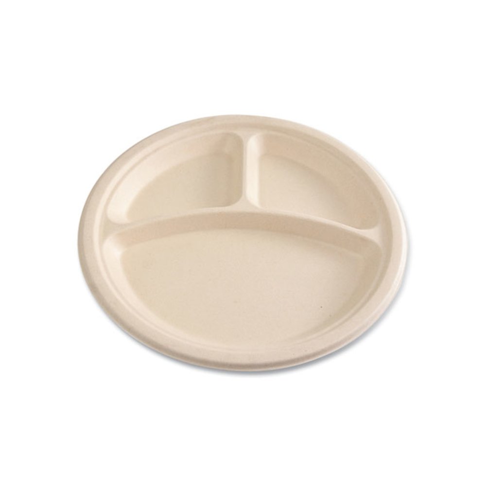 Molded Fiber PFAS-Free Dinnerware, 3-Compartment Plate, Sugarcane, 10" dia, Tan, 500/Carton. Picture 6
