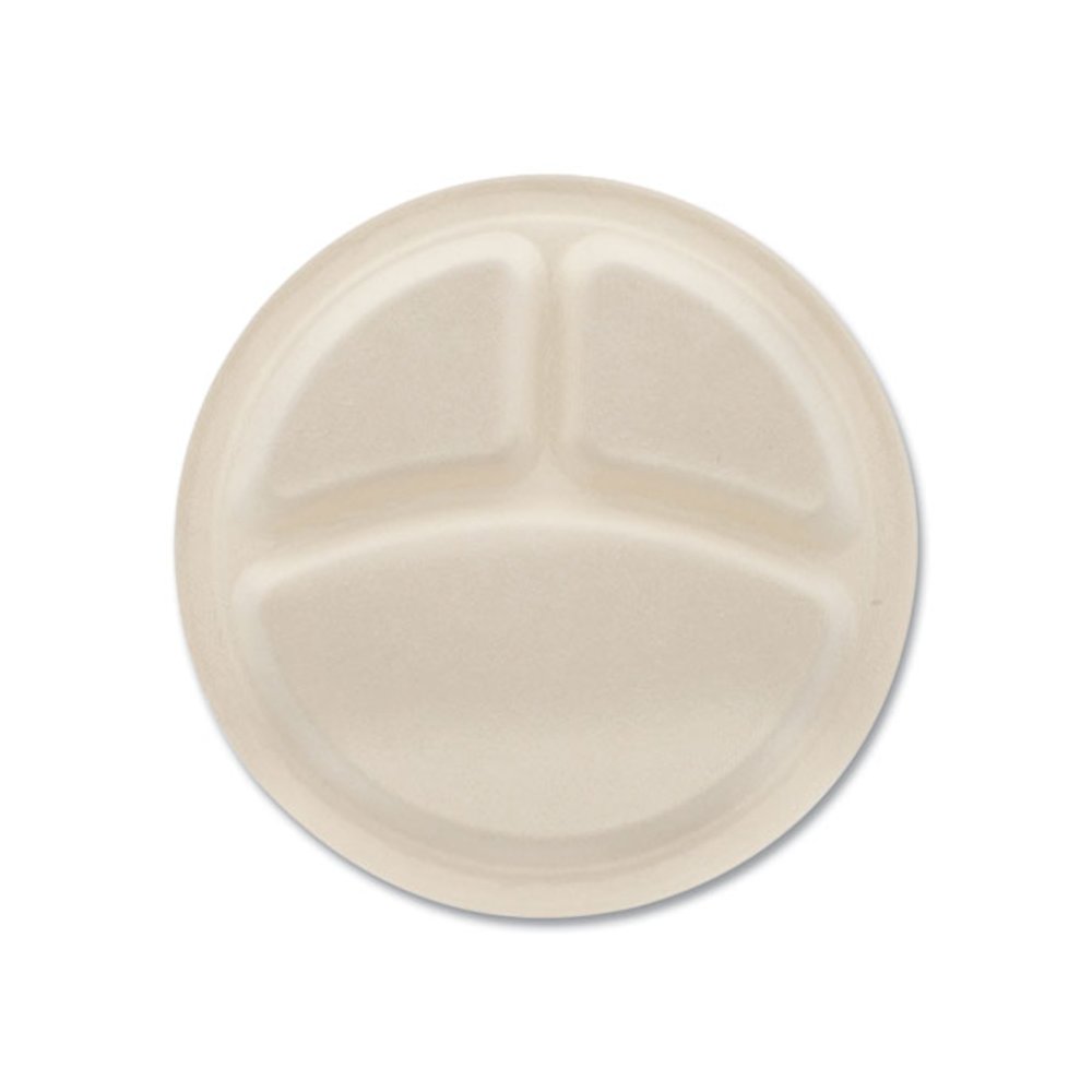 Molded Fiber PFAS-Free Dinnerware, 3-Compartment Plate, Sugarcane, 10" dia, Tan, 500/Carton. Picture 7