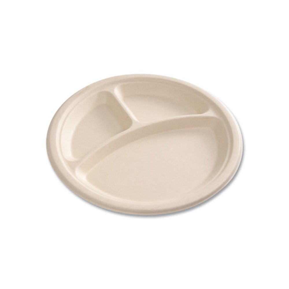 Molded Fiber PFAS-Free Dinnerware, 3-Compartment Plate, Sugarcane, 10" dia, Tan, 500/Carton. Picture 8