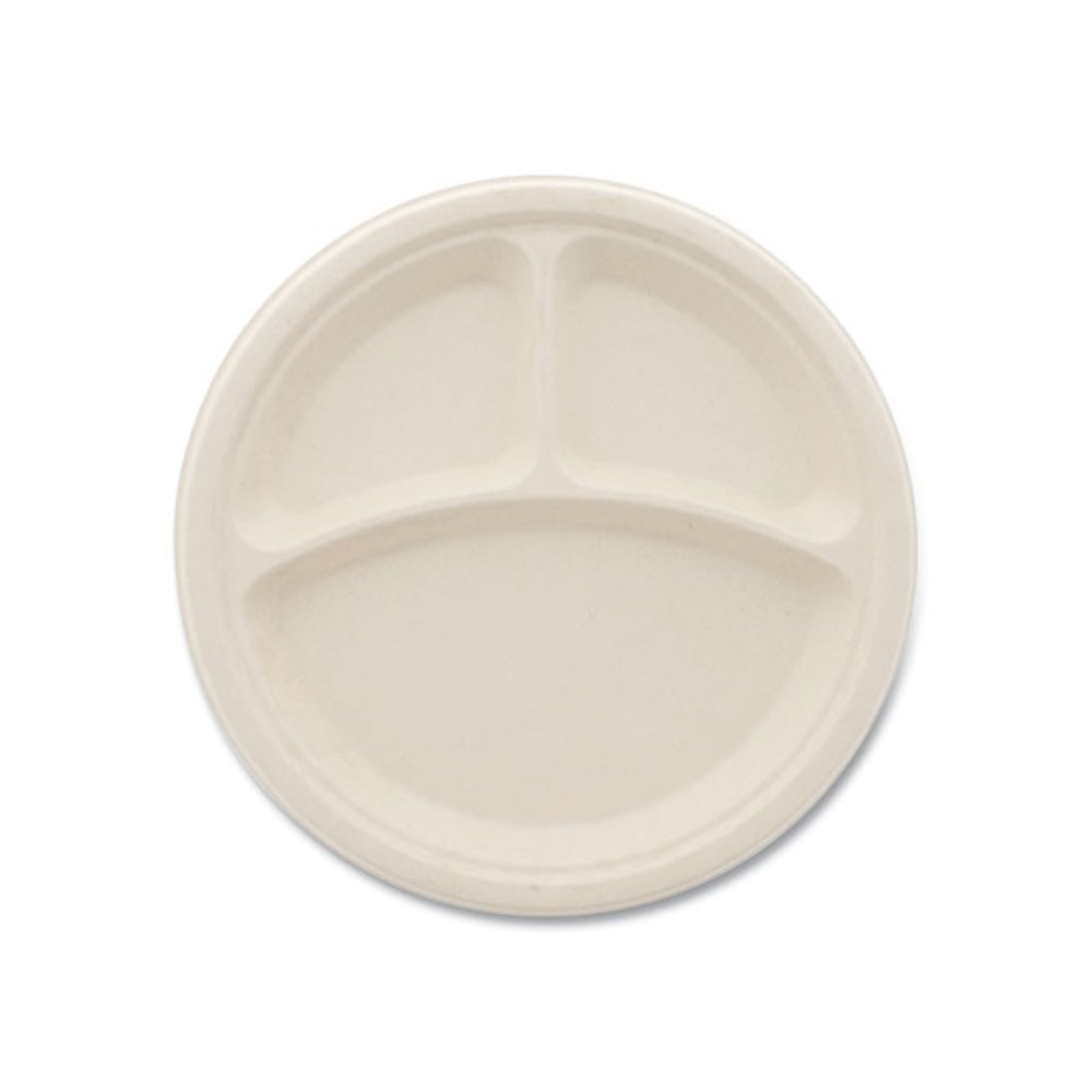 Molded Fiber PFAS-Free Dinnerware, 3-Compartment Plate, Sugarcane, 10" dia, Tan, 500/Carton. Picture 2