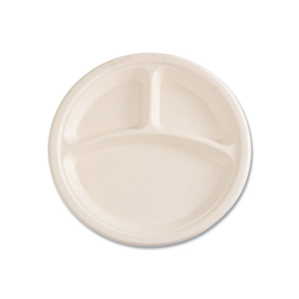 Molded Fiber PFAS-Free Dinnerware, 3-Compartment Plate, Sugarcane, 10" dia, Tan, 500/Carton. Picture 3