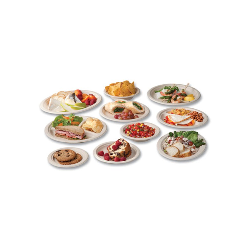 Nourish Molded Fiber Tableware, Compostable, Plate, Sugarcane, 9" dia, White, 500/Carton. Picture 4