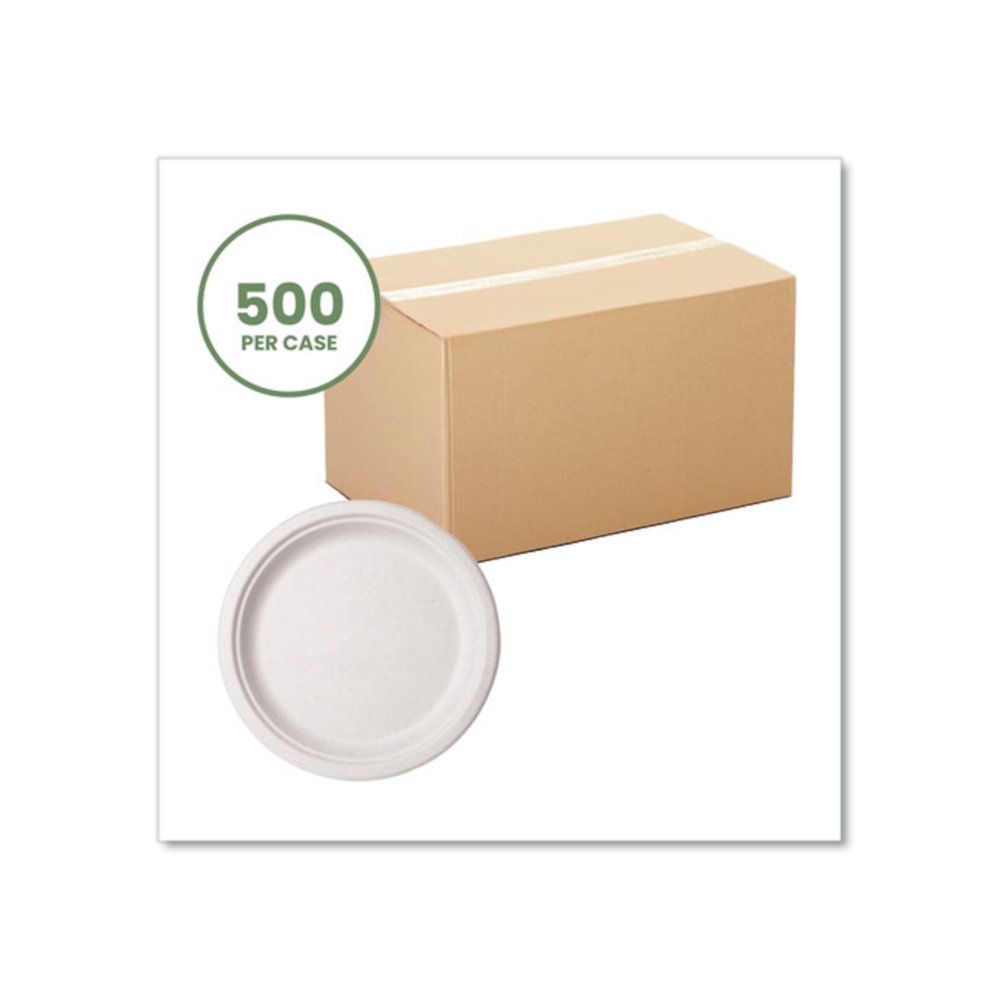 Nourish Molded Fiber Tableware, Compostable, Plate, Sugarcane, 10" dia, White, 500/Carton. Picture 2