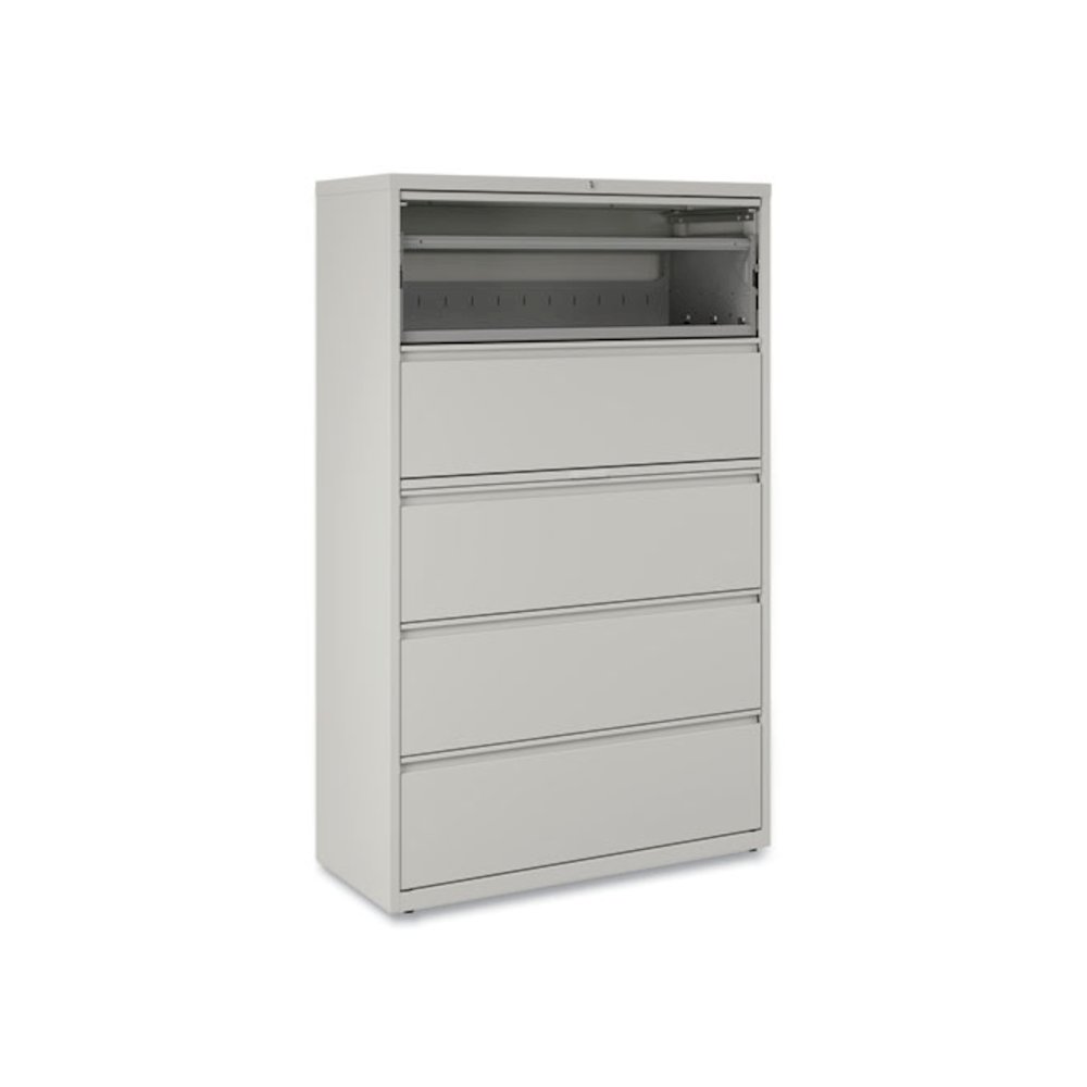 Lateral File, 5 Legal/Letter/A4/A5-Size File Drawers, 1 Roll-Out Posting Shelf, Light Gray, 42" x 18.63" x 67.63". Picture 9