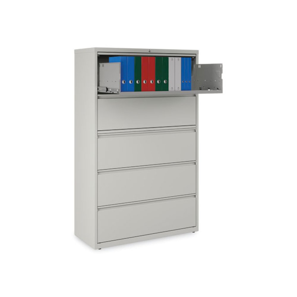 Lateral File, 5 Legal/Letter/A4/A5-Size File Drawers, 1 Roll-Out Posting Shelf, Light Gray, 42" x 18.63" x 67.63". Picture 7