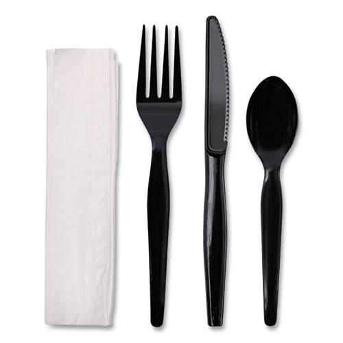 Four-Piece Cutlery Kit, Heavyweight, Fork/Knife/Napkin/Spoon, Plastic, Black, 250/Carton. Picture 1