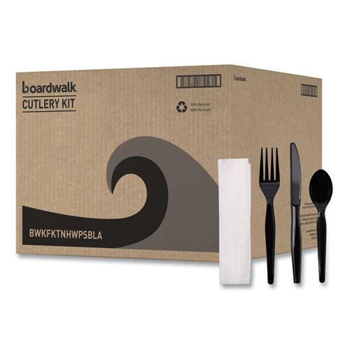 Four-Piece Cutlery Kit, Heavyweight, Fork/Knife/Napkin/Spoon, Plastic, Black, 250/Carton. Picture 2