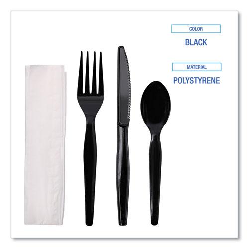 Four-Piece Cutlery Kit, Heavyweight, Fork/Knife/Napkin/Spoon, Plastic, Black, 250/Carton. Picture 3