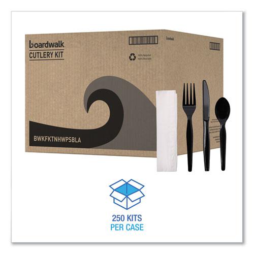 Four-Piece Cutlery Kit, Heavyweight, Fork/Knife/Napkin/Spoon, Plastic, Black, 250/Carton. Picture 4