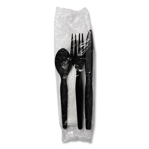 Four-Piece Cutlery Kit, Heavyweight, Fork/Knife/Napkin/Spoon, Plastic, Black, 250/Carton. Picture 5