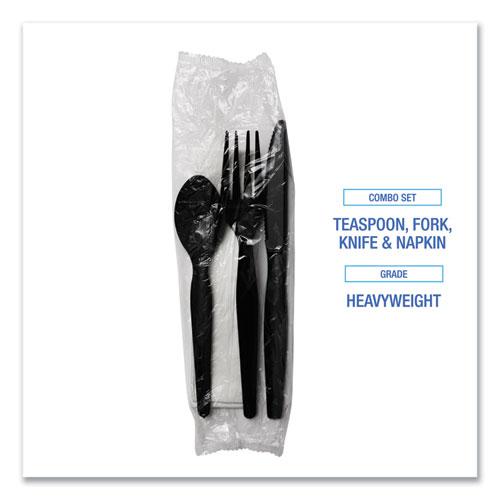 Four-Piece Cutlery Kit, Heavyweight, Fork/Knife/Napkin/Spoon, Plastic, Black, 250/Carton. Picture 6