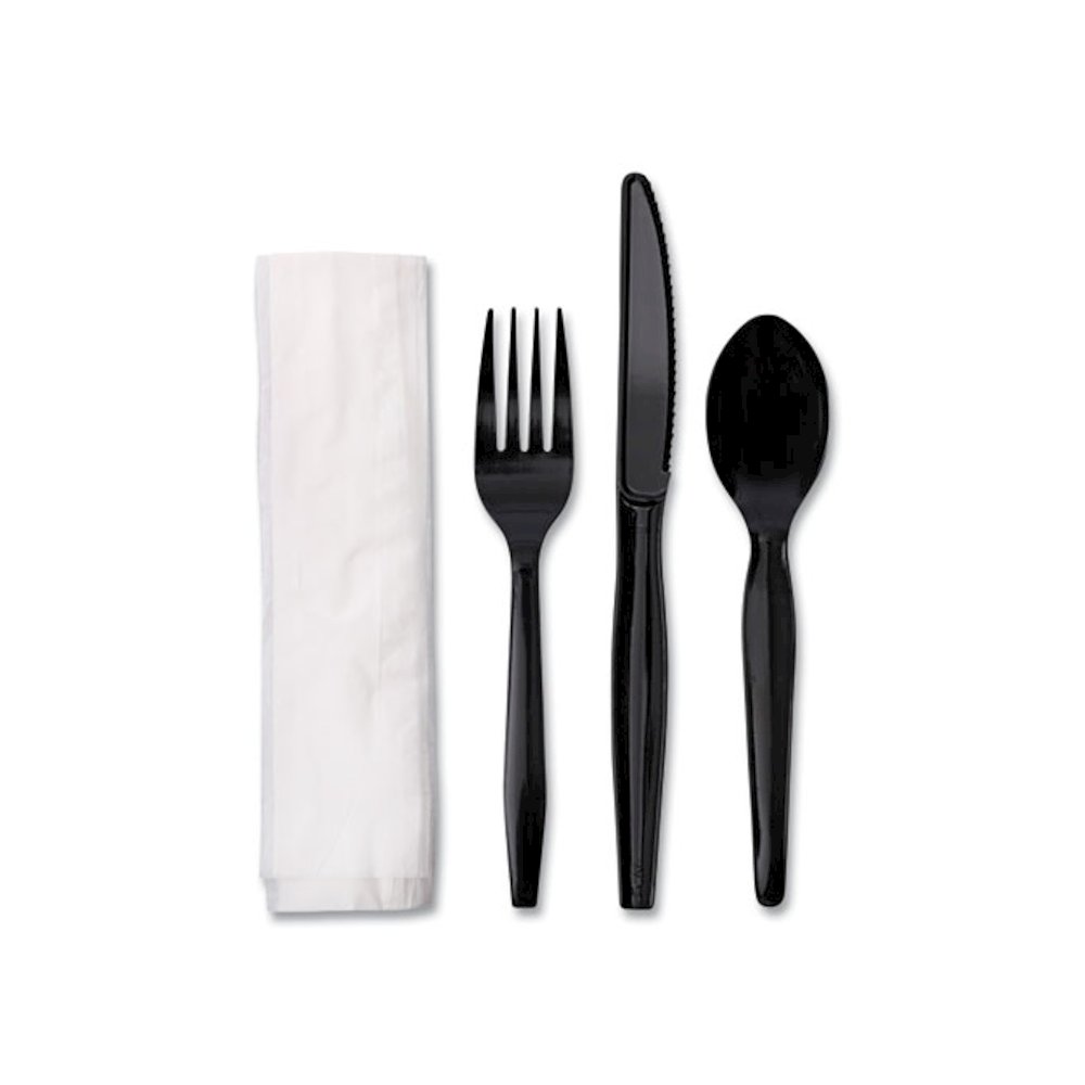 Four-Piece Cutlery Kit, Mediumweight, Fork/Knife/Napkin/Spoon, Plastic, Black, 250/Carton. Picture 2