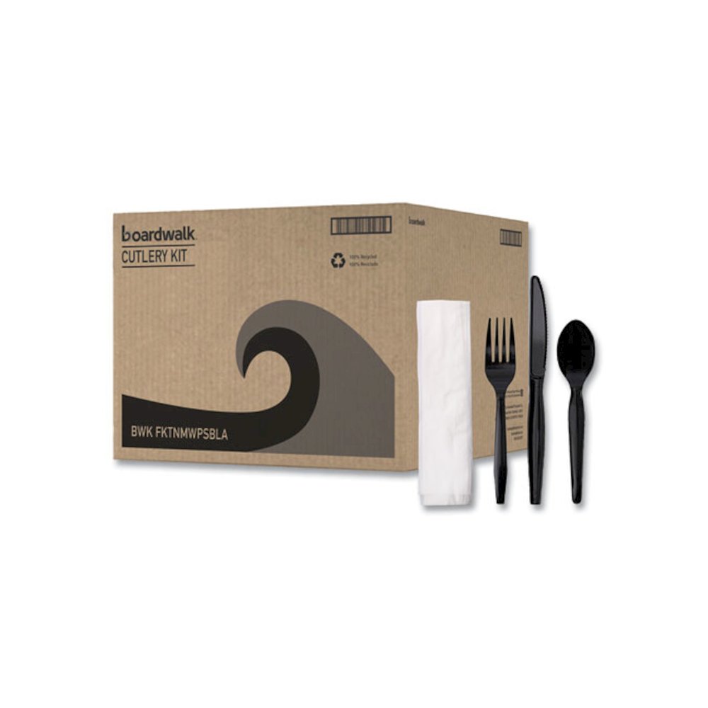 Four-Piece Cutlery Kit, Mediumweight, Fork/Knife/Napkin/Spoon, Plastic, Black, 250/Carton. Picture 1