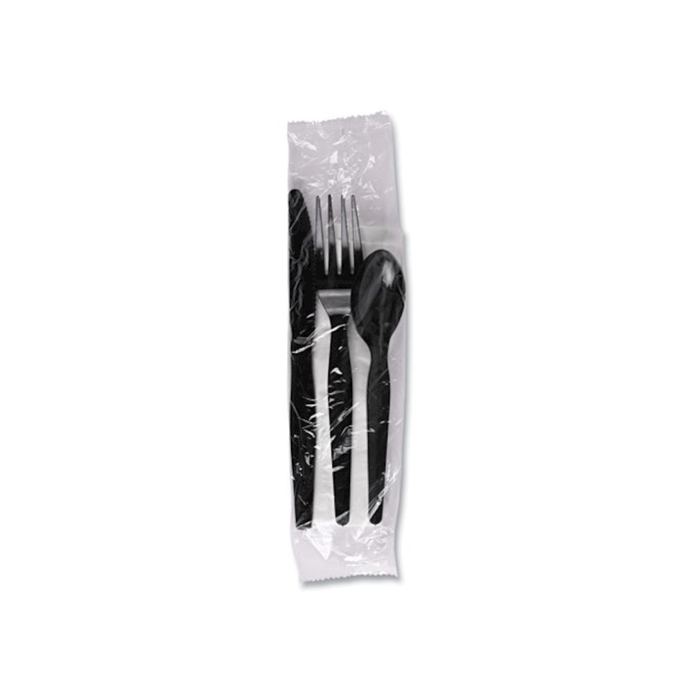 Four-Piece Cutlery Kit, Mediumweight, Fork/Knife/Napkin/Spoon, Plastic, Black, 250/Carton. Picture 3