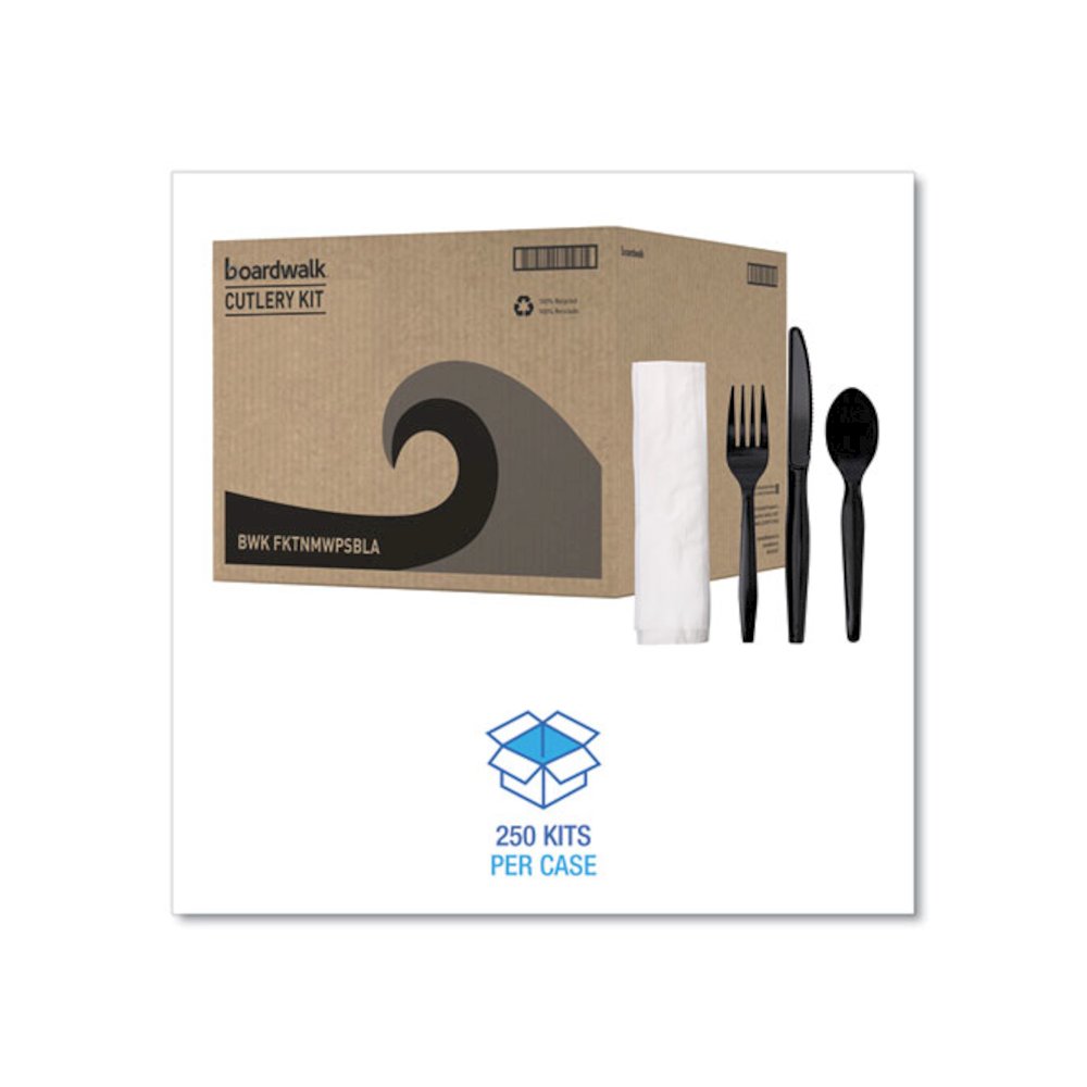 Four-Piece Cutlery Kit, Mediumweight, Fork/Knife/Napkin/Spoon, Plastic, Black, 250/Carton. Picture 4