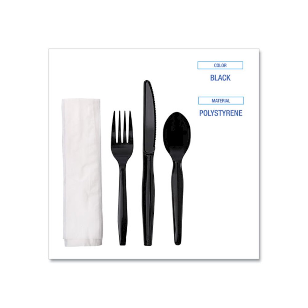 Four-Piece Cutlery Kit, Mediumweight, Fork/Knife/Napkin/Spoon, Plastic, Black, 250/Carton. Picture 5