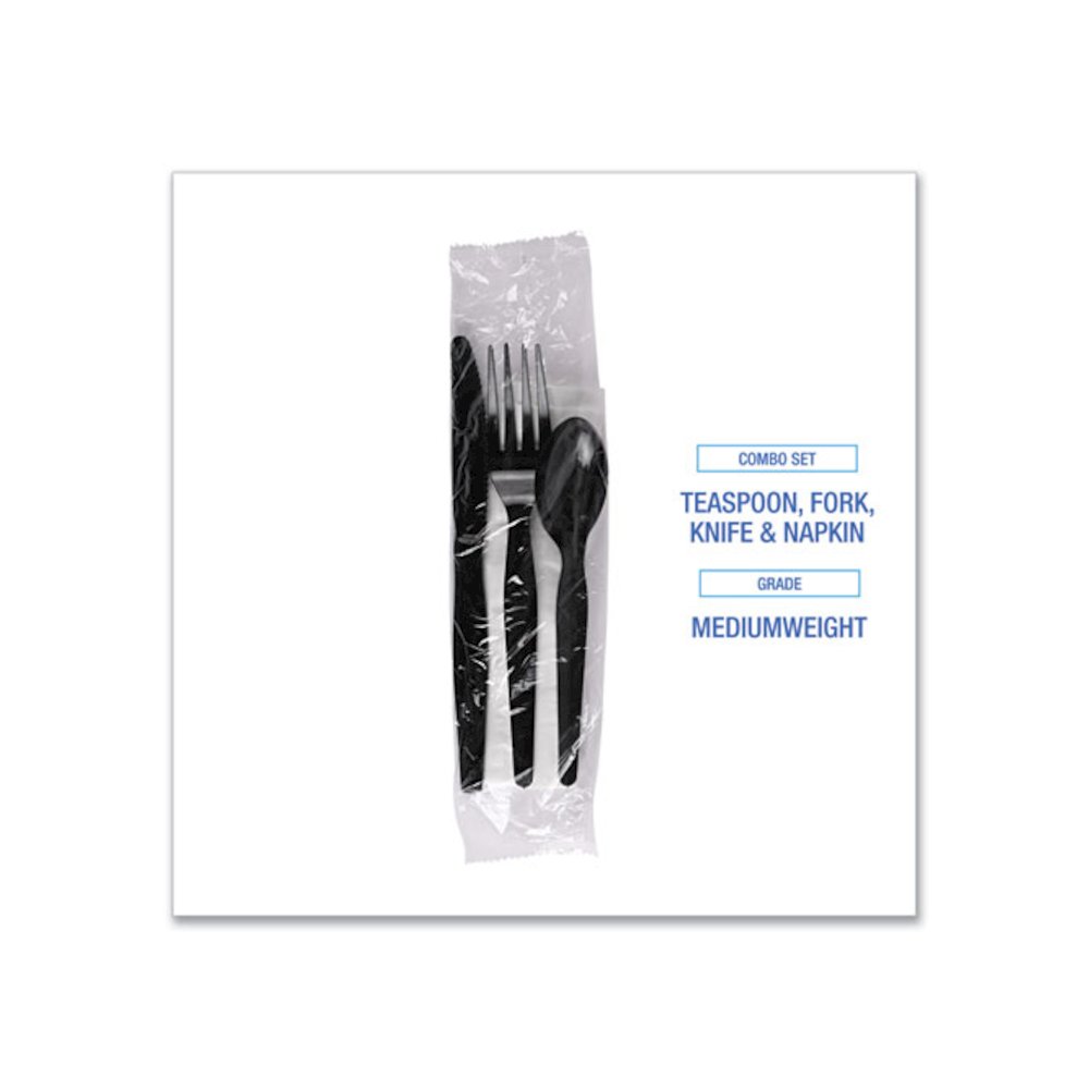 Four-Piece Cutlery Kit, Mediumweight, Fork/Knife/Napkin/Spoon, Plastic, Black, 250/Carton. Picture 6