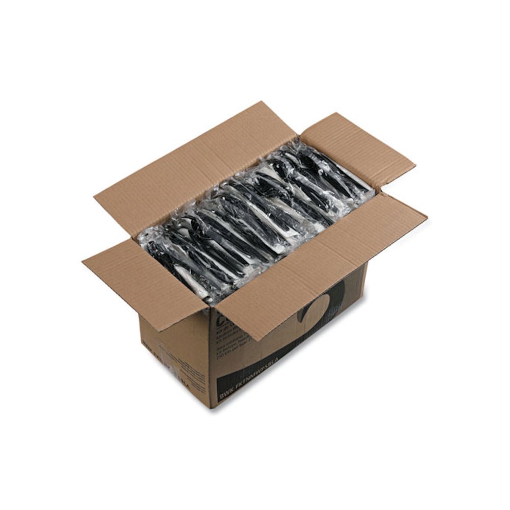 Four-Piece Cutlery Kit, Mediumweight, Fork/Knife/Napkin/Spoon, Plastic, Black, 250/Carton. Picture 7