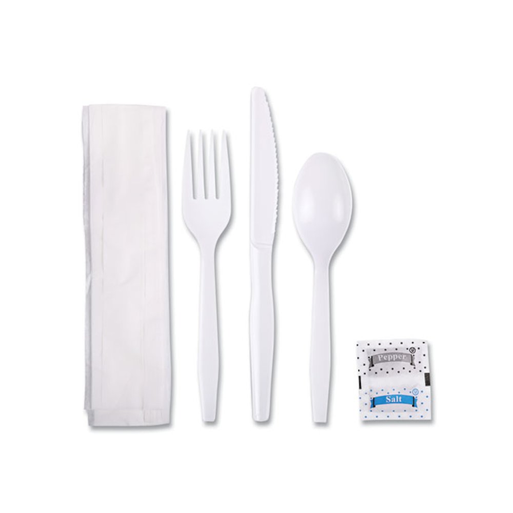 Six-Piece Cutlery Kit, Mediumweight, Fork/Knife/Napkin/Pepper/Salt/Spoon, Plastic, White, 250/Carton. Picture 2