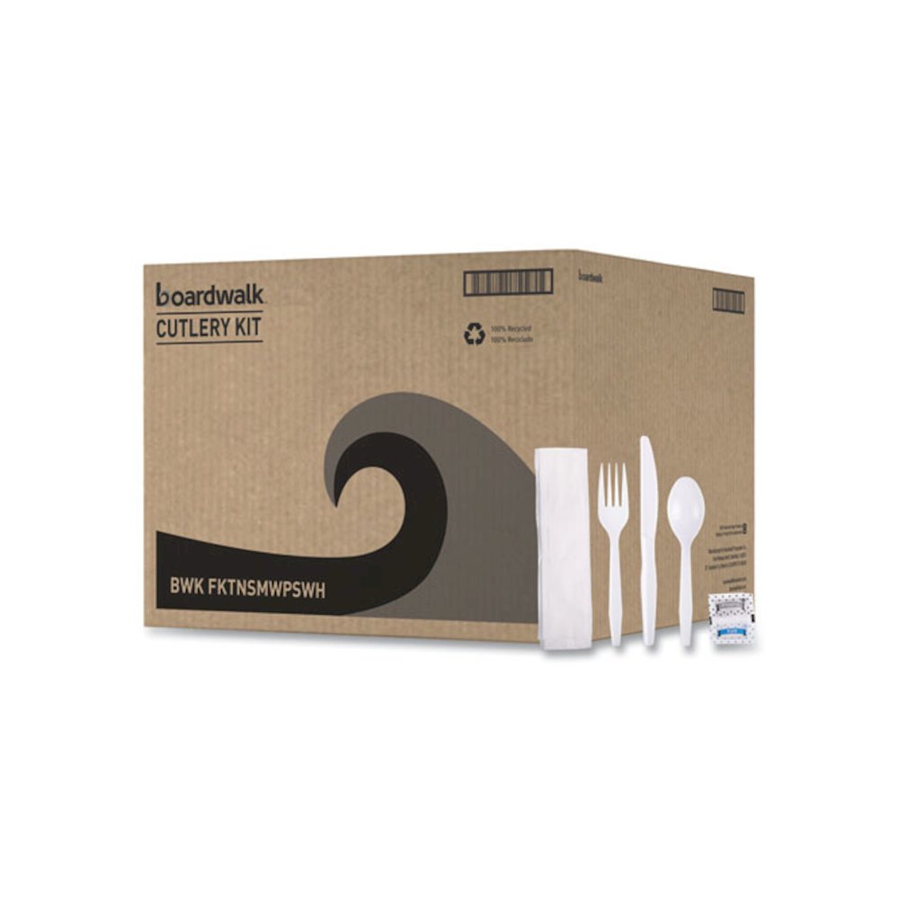 Six-Piece Cutlery Kit, Mediumweight, Fork/Knife/Napkin/Pepper/Salt/Spoon, Plastic, White, 250/Carton. Picture 1