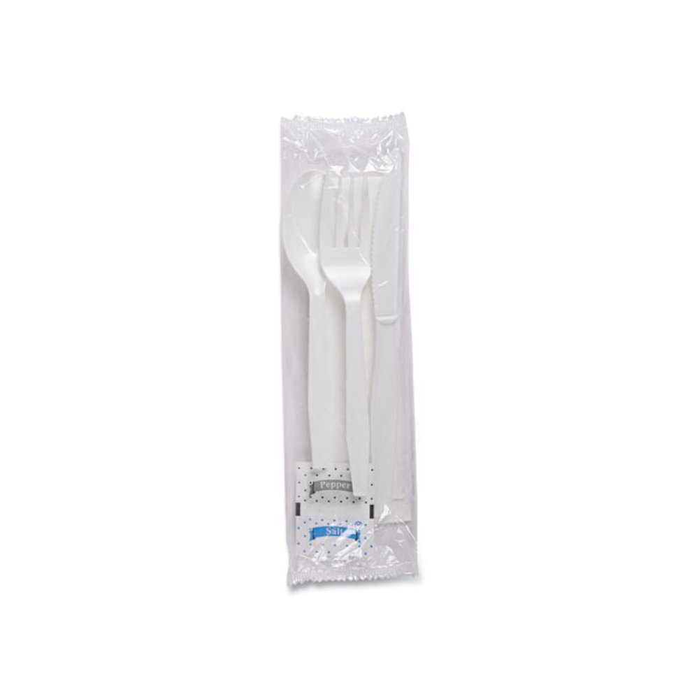 Six-Piece Cutlery Kit, Mediumweight, Fork/Knife/Napkin/Pepper/Salt/Spoon, Plastic, White, 250/Carton. Picture 3