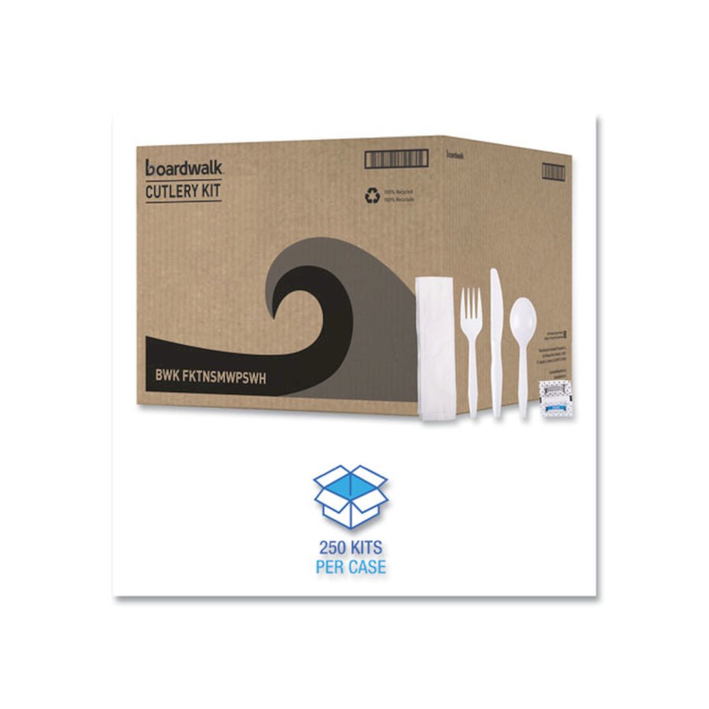 Six-Piece Cutlery Kit, Mediumweight, Fork/Knife/Napkin/Pepper/Salt/Spoon, Plastic, White, 250/Carton. Picture 4