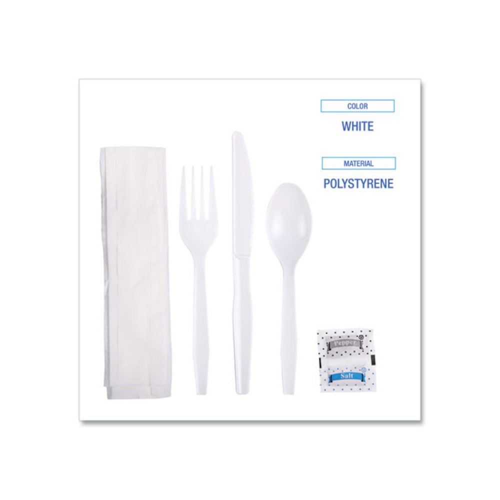 Six-Piece Cutlery Kit, Mediumweight, Fork/Knife/Napkin/Pepper/Salt/Spoon, Plastic, White, 250/Carton. Picture 5