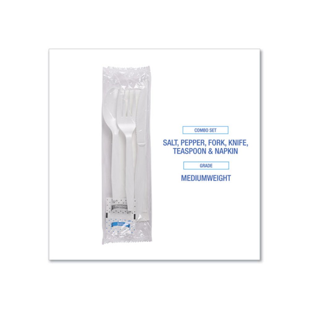 Six-Piece Cutlery Kit, Mediumweight, Fork/Knife/Napkin/Pepper/Salt/Spoon, Plastic, White, 250/Carton. Picture 6