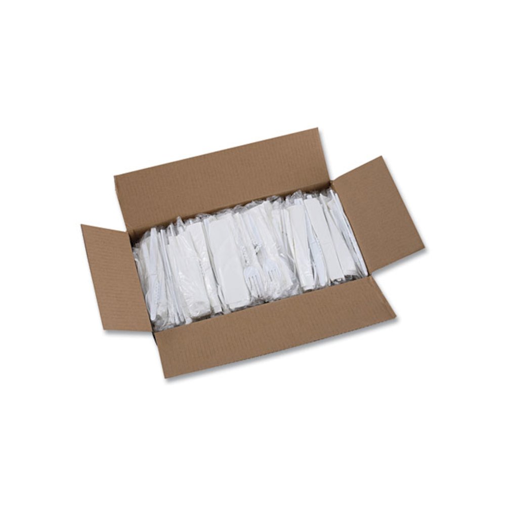 Six-Piece Cutlery Kit, Mediumweight, Fork/Knife/Napkin/Pepper/Salt/Spoon, Plastic, White, 250/Carton. Picture 7