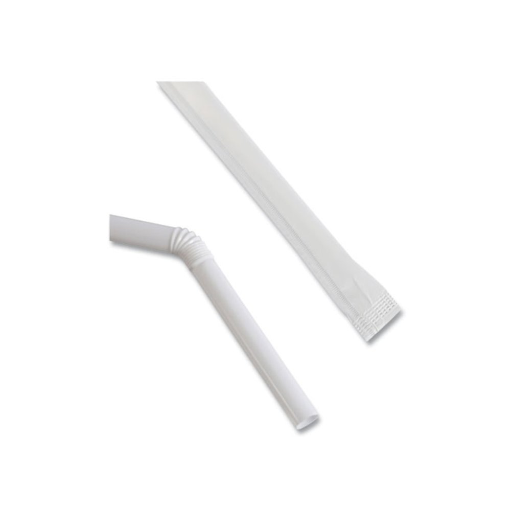 Flexible Wrapped Straws, 7.75", Plastic, White, 500/Pack, 20 Packs/Carton. Picture 6