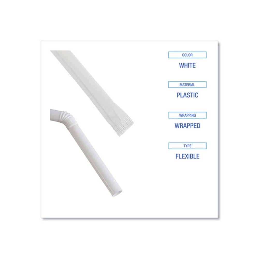 Flexible Wrapped Straws, 7.75", Plastic, White, 500/Pack, 20 Packs/Carton. Picture 7